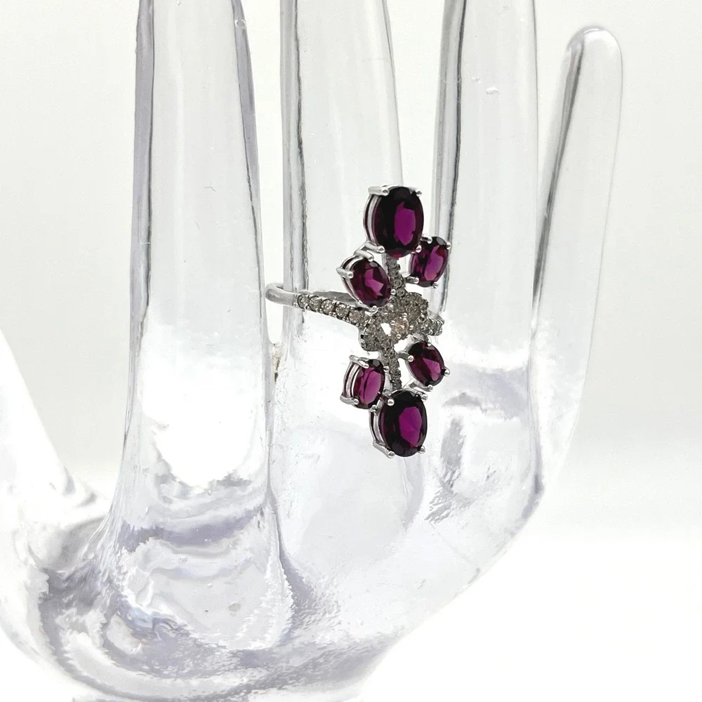 Sterling Silver Garnet Cluster Ring Marquise Oval Statement Size 9‎